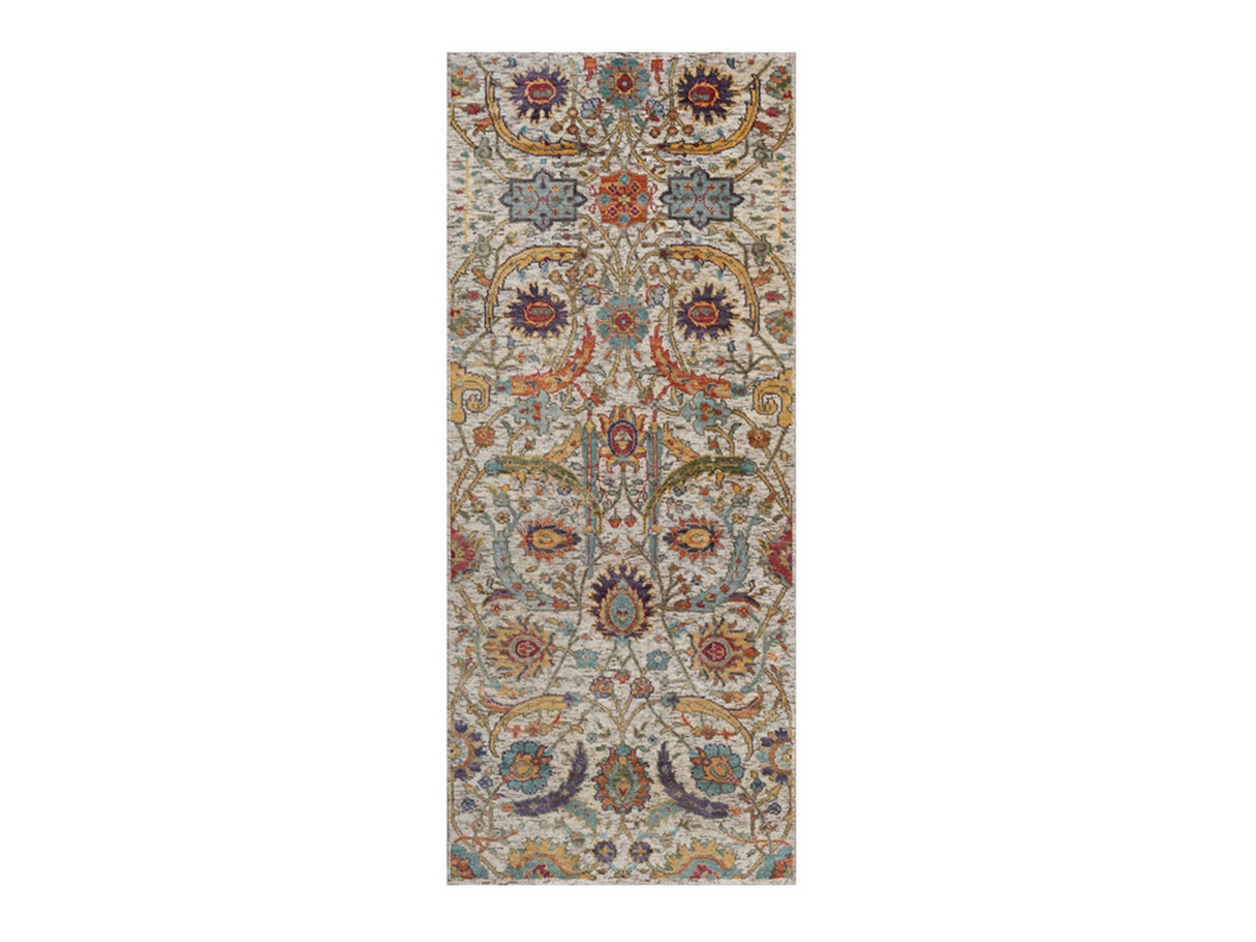2'6"x6' Alabaster White, Silk with Textured Wool, Colorful Sickle Leaf Design, Hand Knotted, Borderless, Runner, Oriental Rug HR92065