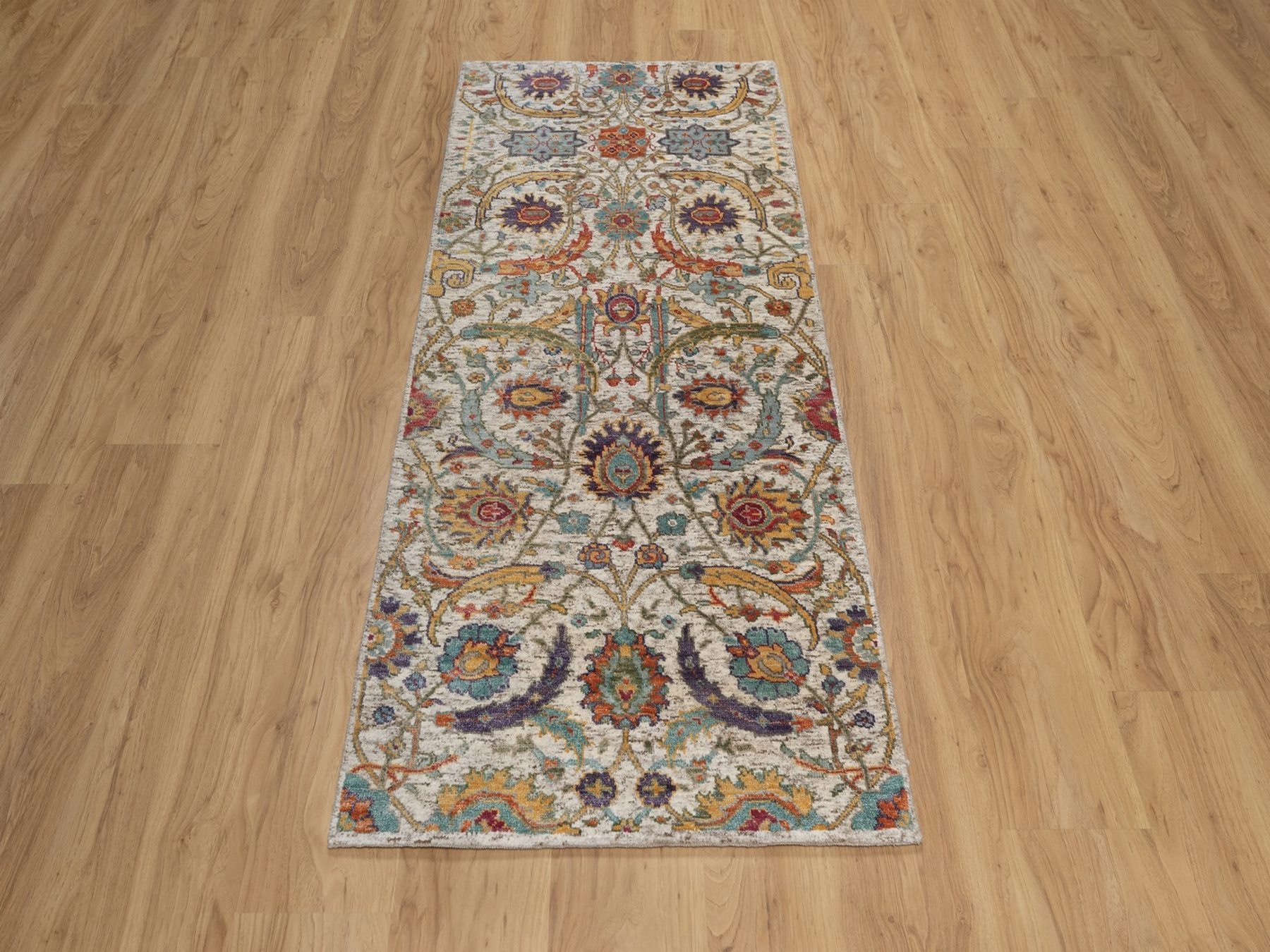 2'6"x6' Alabaster White, Silk with Textured Wool, Colorful Sickle Leaf Design, Hand Knotted, Borderless, Runner, Oriental Rug HR92065 - Image 2