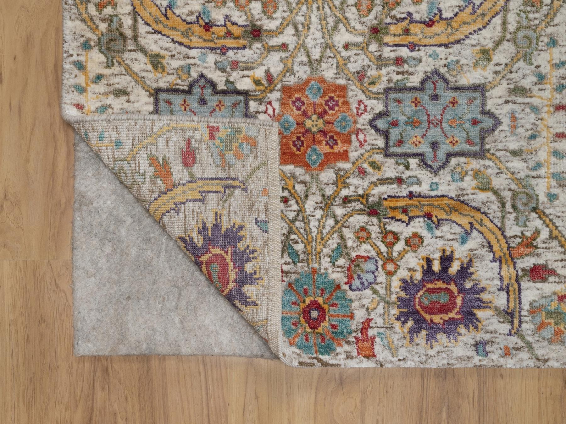 2'6"x6' Alabaster White, Silk with Textured Wool, Colorful Sickle Leaf Design, Hand Knotted, Borderless, Runner, Oriental Rug HR92065 - Image 3