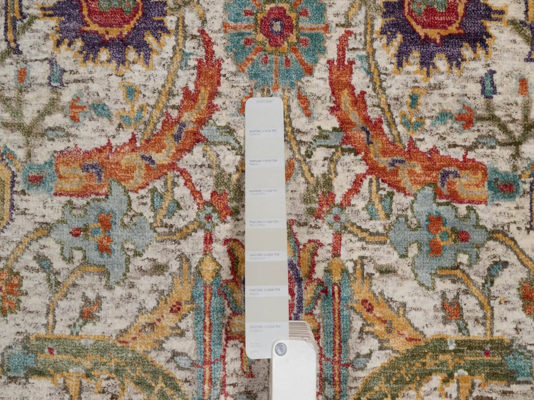 2'6"x6' Alabaster White, Silk with Textured Wool, Colorful Sickle Leaf Design, Hand Knotted, Borderless, Runner, Oriental Rug HR92065 - Image 4