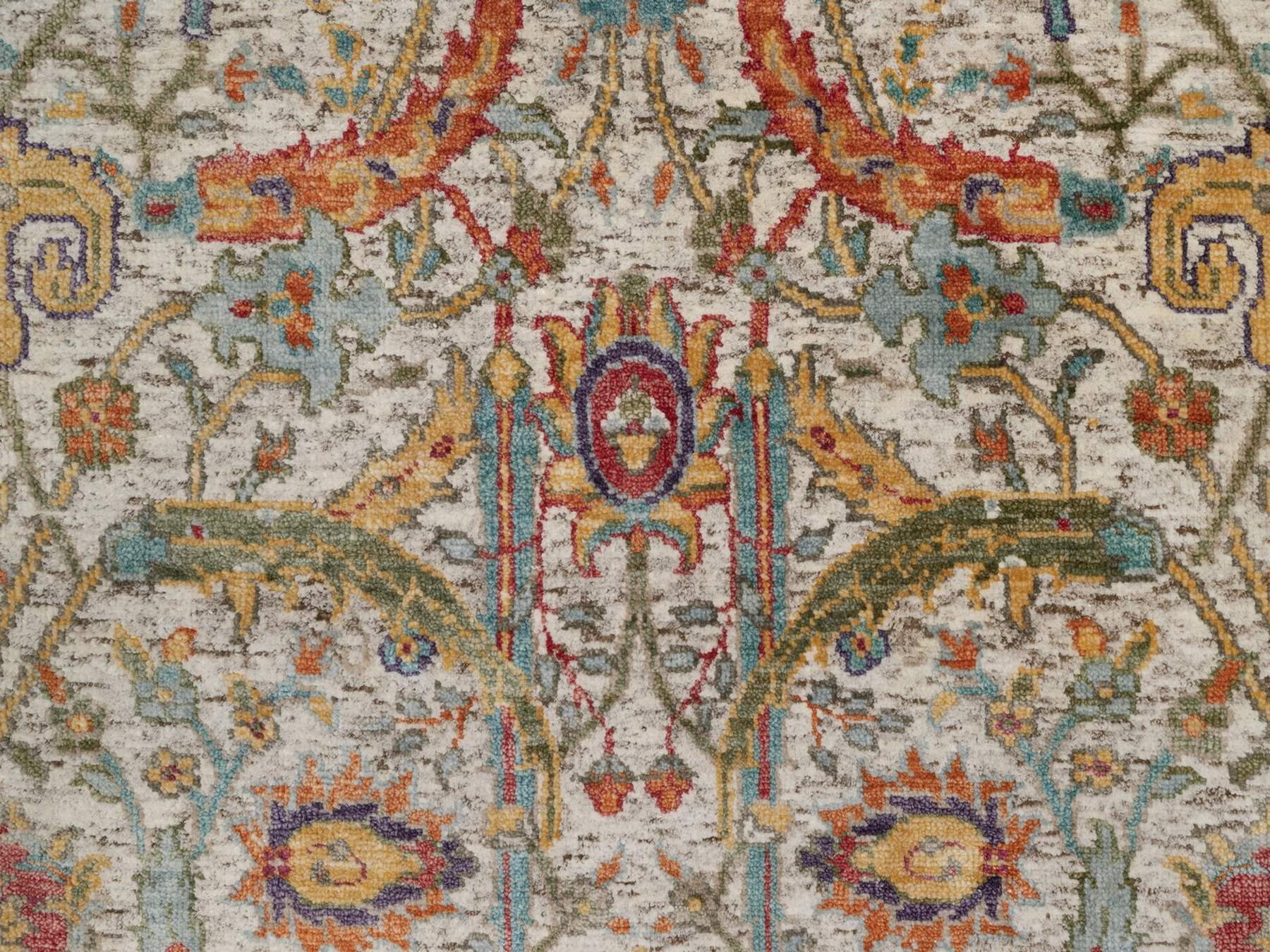 2'6"x6' Alabaster White, Silk with Textured Wool, Colorful Sickle Leaf Design, Hand Knotted, Borderless, Runner, Oriental Rug HR92065 - Image 5