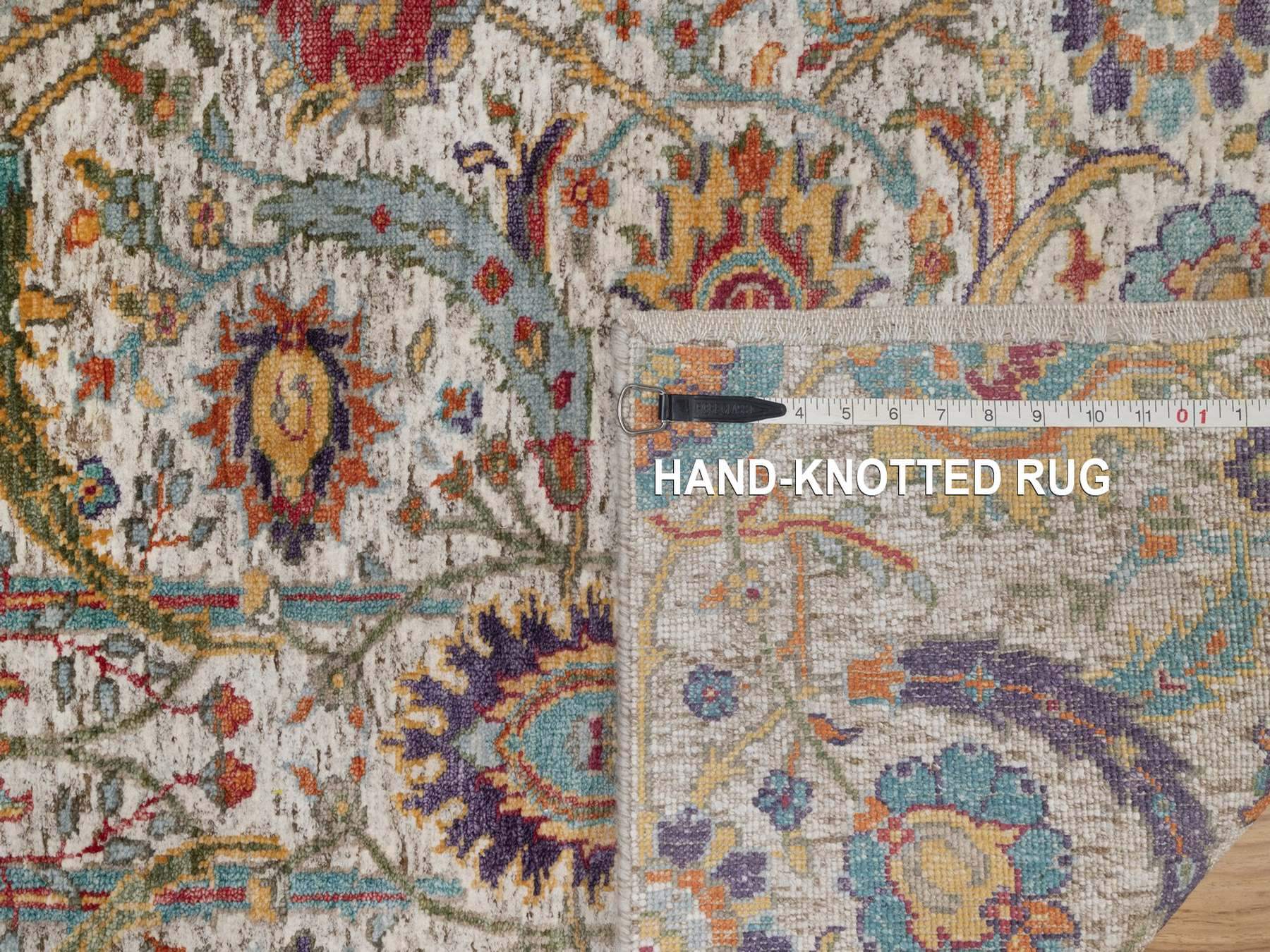 2'6"x6' Alabaster White, Silk with Textured Wool, Colorful Sickle Leaf Design, Hand Knotted, Borderless, Runner, Oriental Rug HR92065 - Image 8