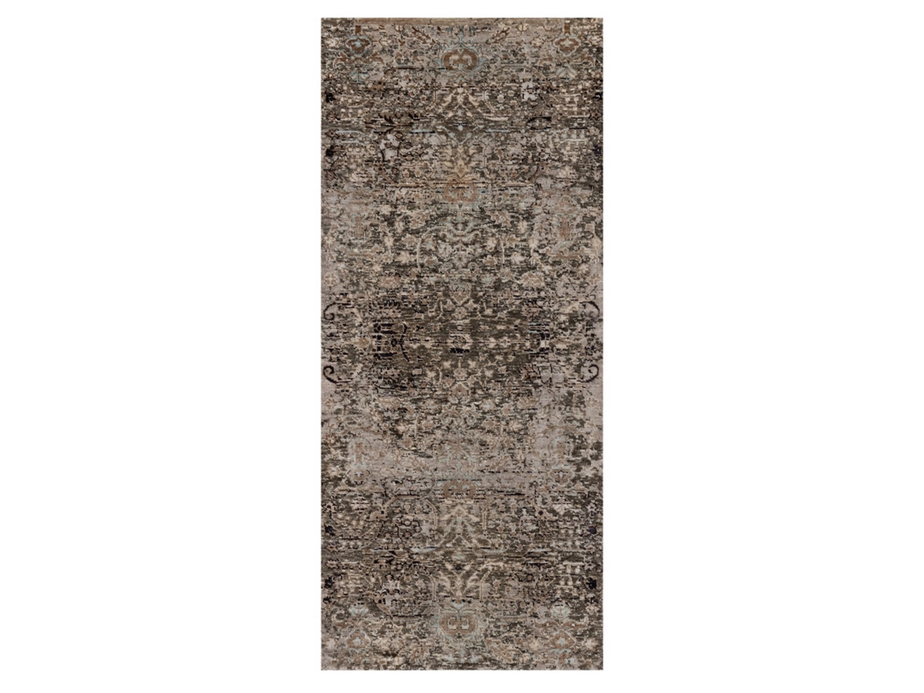 2'7"x6'1" Walnut Brown, Hand Knotted, Transitional Persian Influence Erased All Over Design, Silk with Textured Wool, Runner, Oriental Rug HR92066