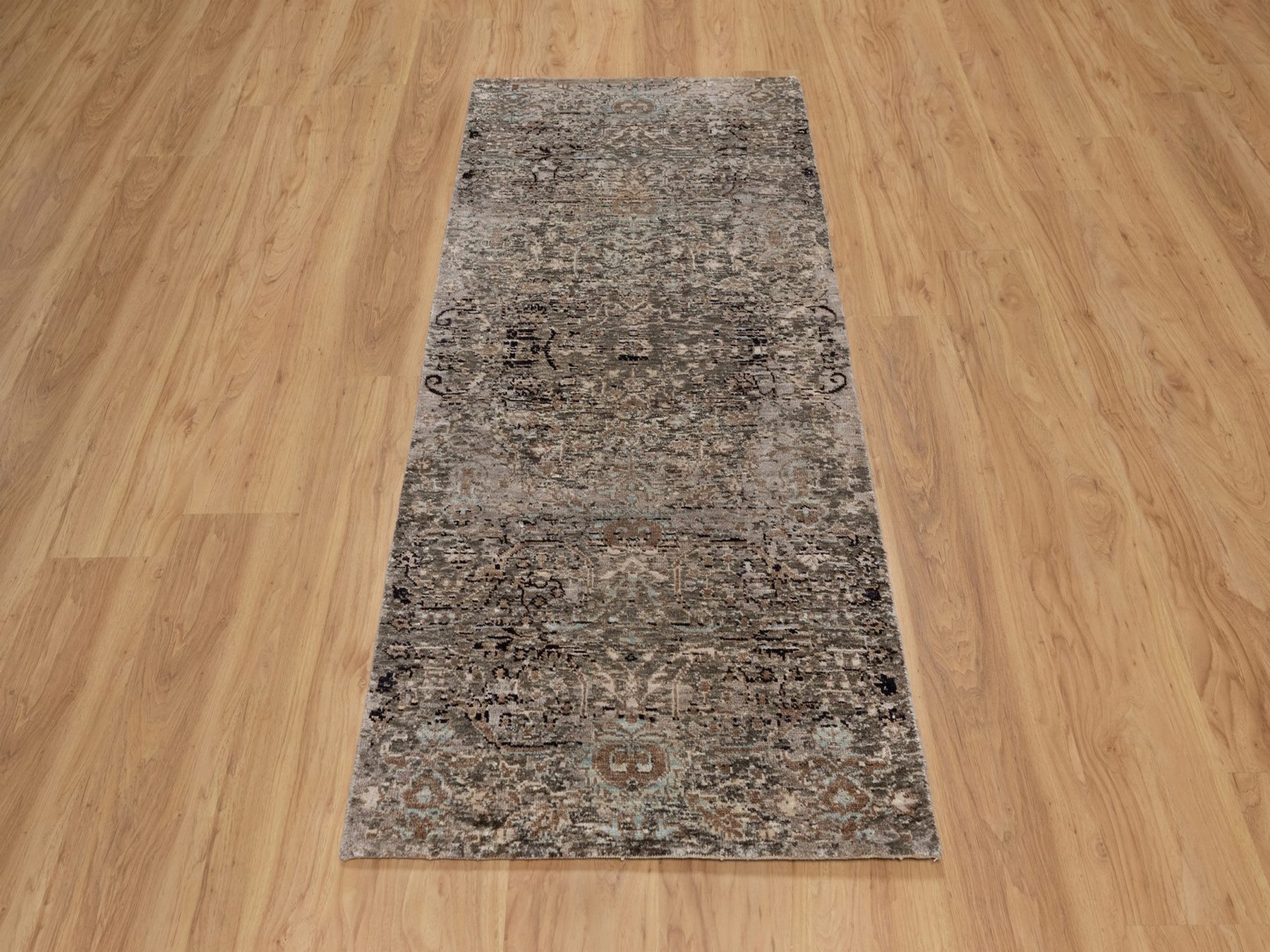 2'7"x6'1" Walnut Brown, Hand Knotted, Transitional Persian Influence Erased All Over Design, Silk with Textured Wool, Runner, Oriental Rug HR92066 - Image 2