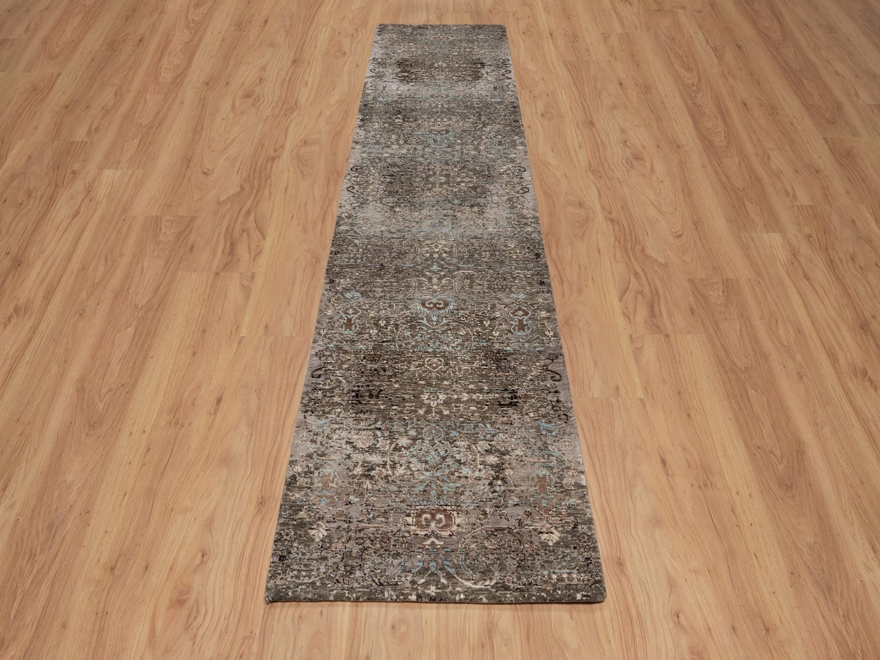 2'7"x11'10" Cedar Brown, Transitional Persian Influence Erased Flower Design, Hand Knotted, Silk with Textured Wool, Runner, Oriental Rug HR92068 - Image 2