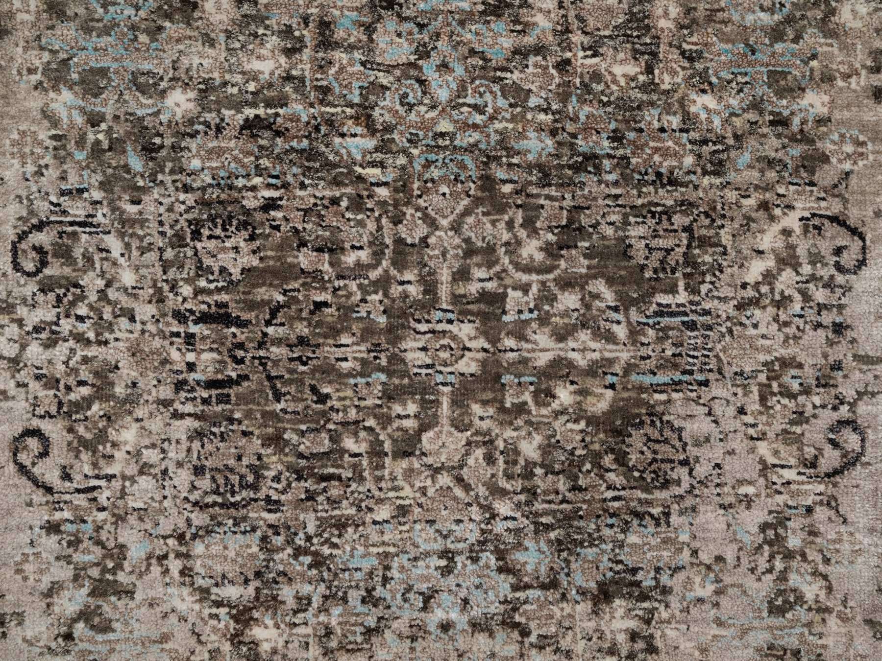 2'7"x11'10" Cedar Brown, Transitional Persian Influence Erased Flower Design, Hand Knotted, Silk with Textured Wool, Runner, Oriental Rug HR92068 - Image 5