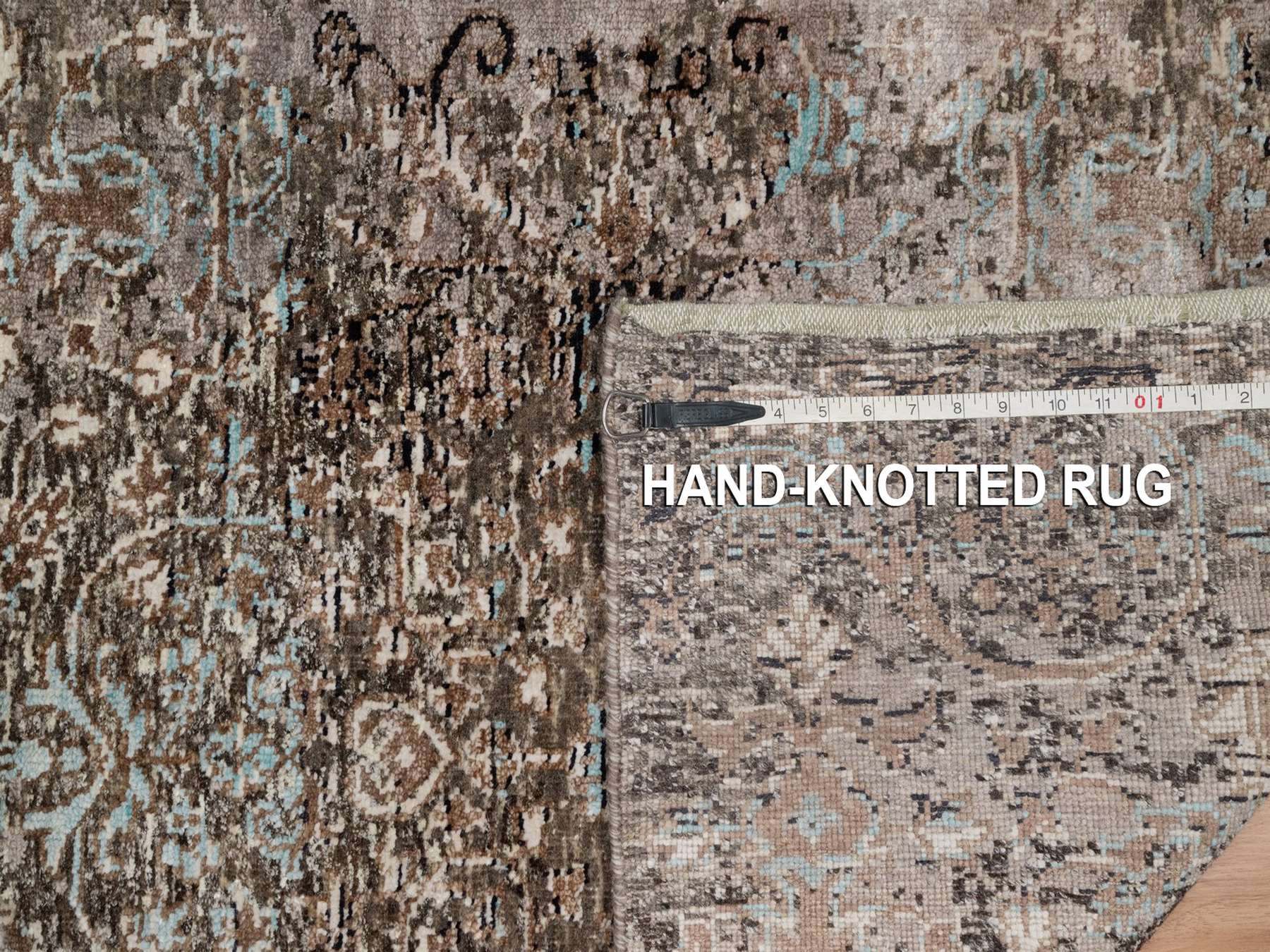 2'7"x11'10" Cedar Brown, Transitional Persian Influence Erased Flower Design, Hand Knotted, Silk with Textured Wool, Runner, Oriental Rug HR92068 - Image 8