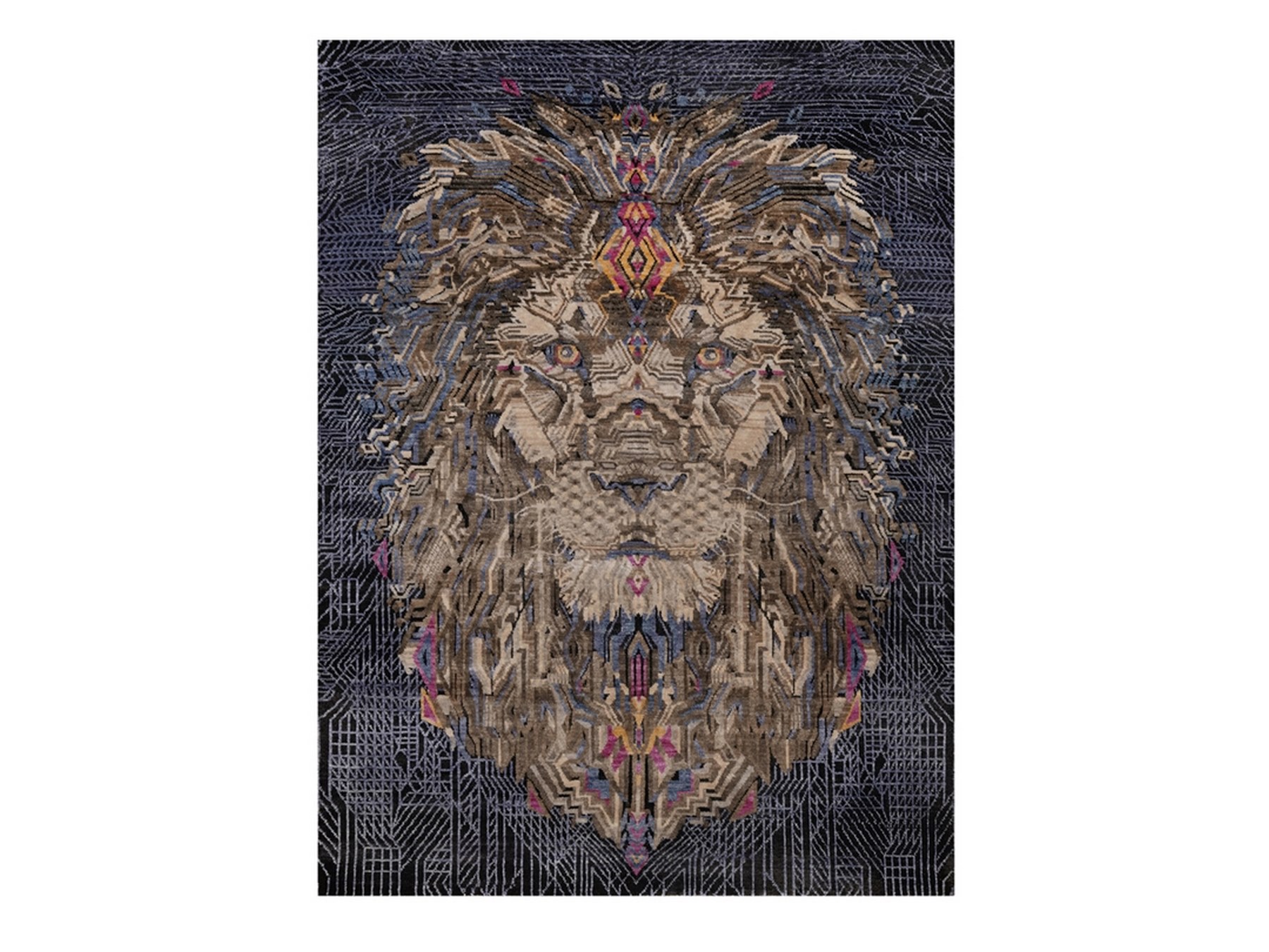 5'3"x7'1" Midnight Black, Wool and Silk, Hand Knotted, The Maharaja Lion Novelty, Soft Pile, Oriental Rug HR92073