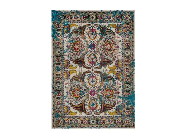 5'x7'1" Cream White, Colorful Polonaise Broken Design, Wool and Sari Silk, Hand Knotted, Oriental Rug HR92074