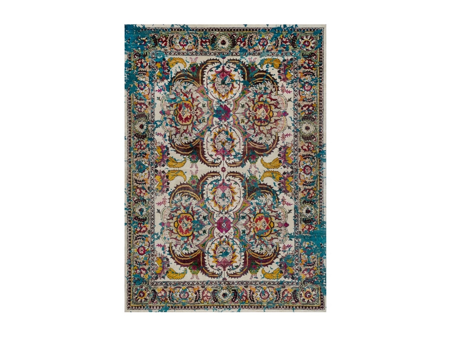 5'x7'1" Cream White, Colorful Polonaise Broken Design, Wool and Sari Silk, Hand Knotted, Oriental Rug HR92074