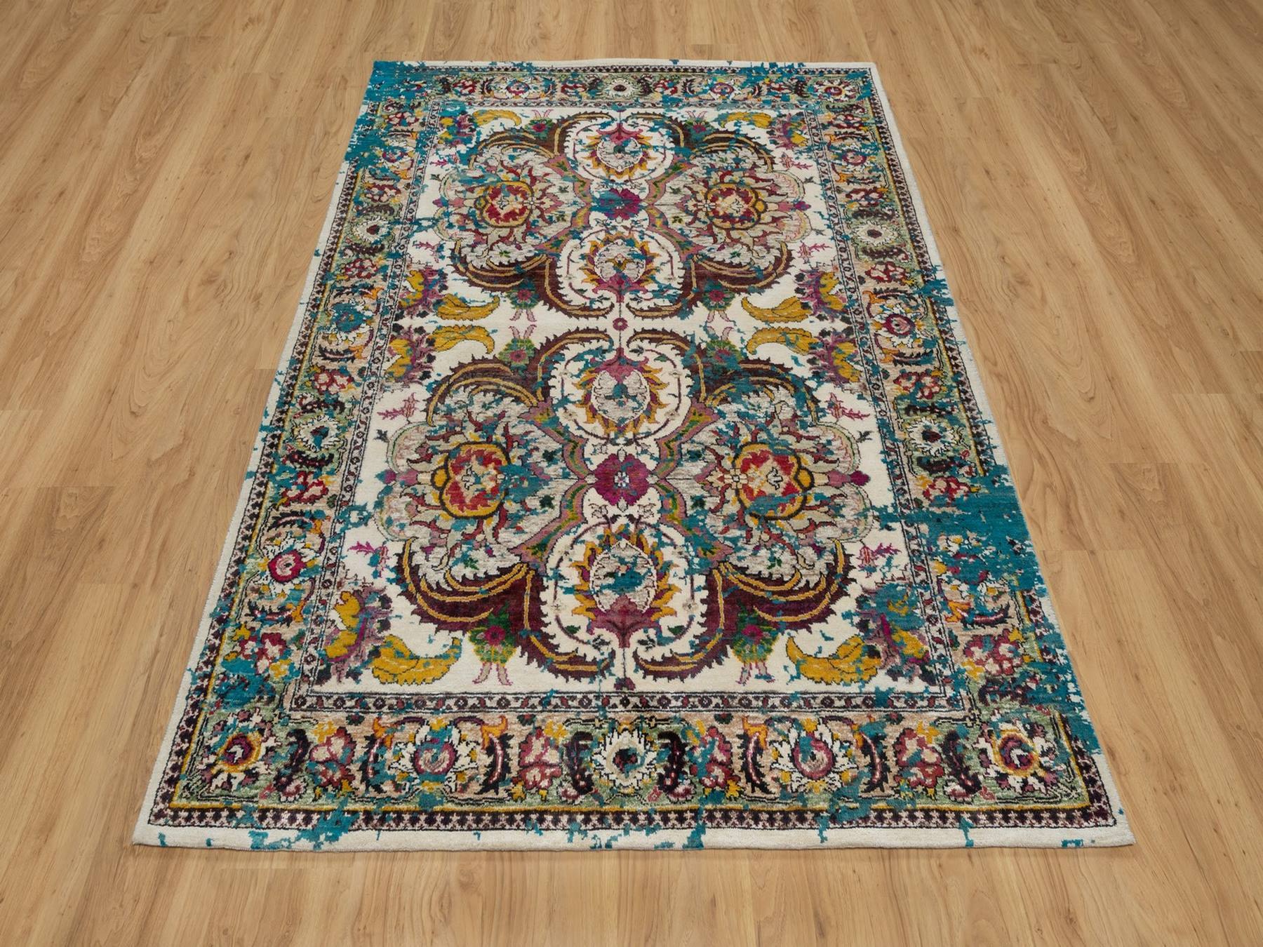 5'x7'1" Cream White, Colorful Polonaise Broken Design, Wool and Sari Silk, Hand Knotted, Oriental Rug HR92074 - Image 2
