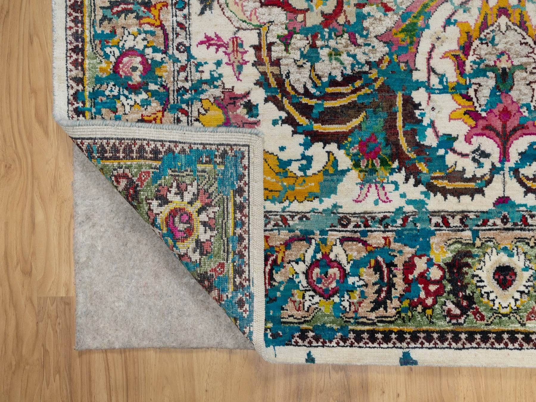 5'x7'1" Cream White, Colorful Polonaise Broken Design, Wool and Sari Silk, Hand Knotted, Oriental Rug HR92074 - Image 3