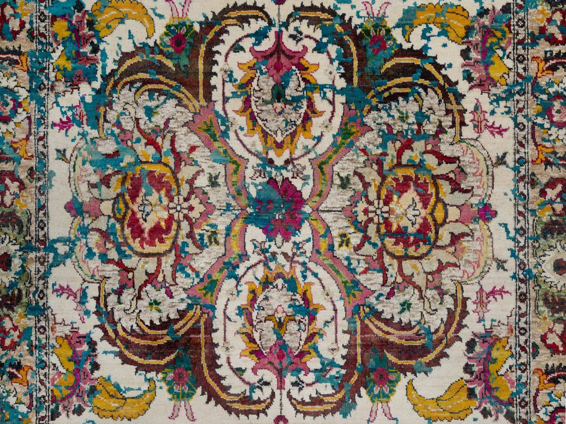 5'x7'1" Cream White, Colorful Polonaise Broken Design, Wool and Sari Silk, Hand Knotted, Oriental Rug HR92074 - Image 5
