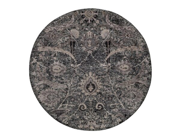 6'x6' Ebony Black, Hand Knotted, Plush and Lush, Sickle Leaf Design, Silk with Textured Wool, Borderless, Round, Oriental Rug HR92077
