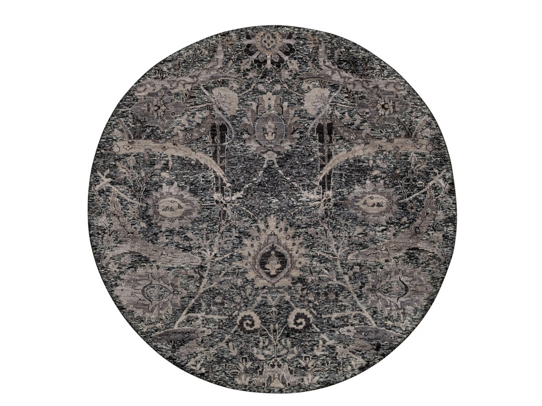 6'x6' Ebony Black, Hand Knotted, Plush and Lush, Sickle Leaf Design, Silk with Textured Wool, Borderless, Round, Oriental Rug HR92077