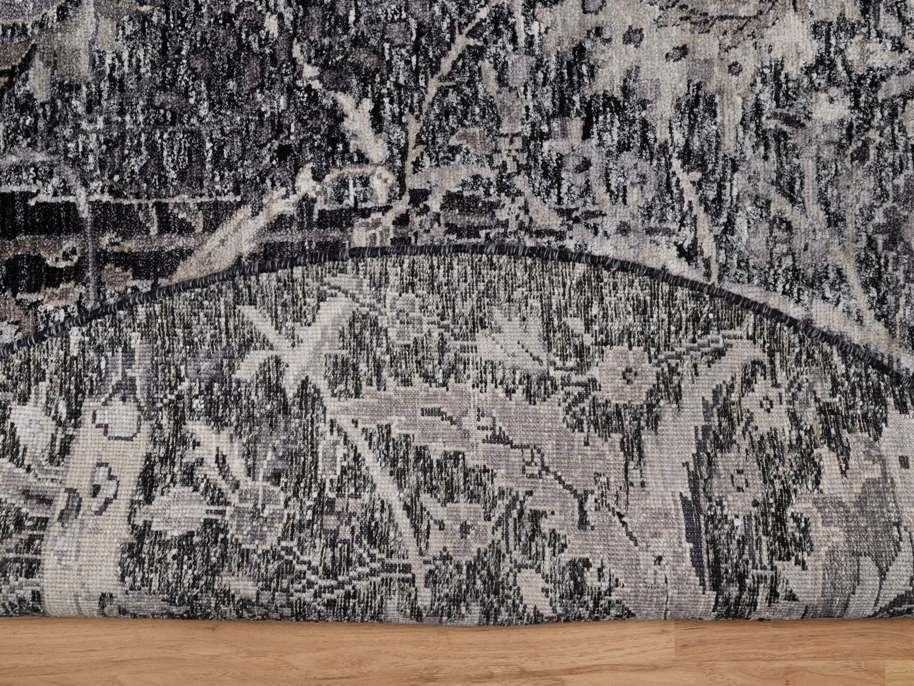 6'x6' Ebony Black, Hand Knotted, Plush and Lush, Sickle Leaf Design, Silk with Textured Wool, Borderless, Round, Oriental Rug HR92077 - Image 3