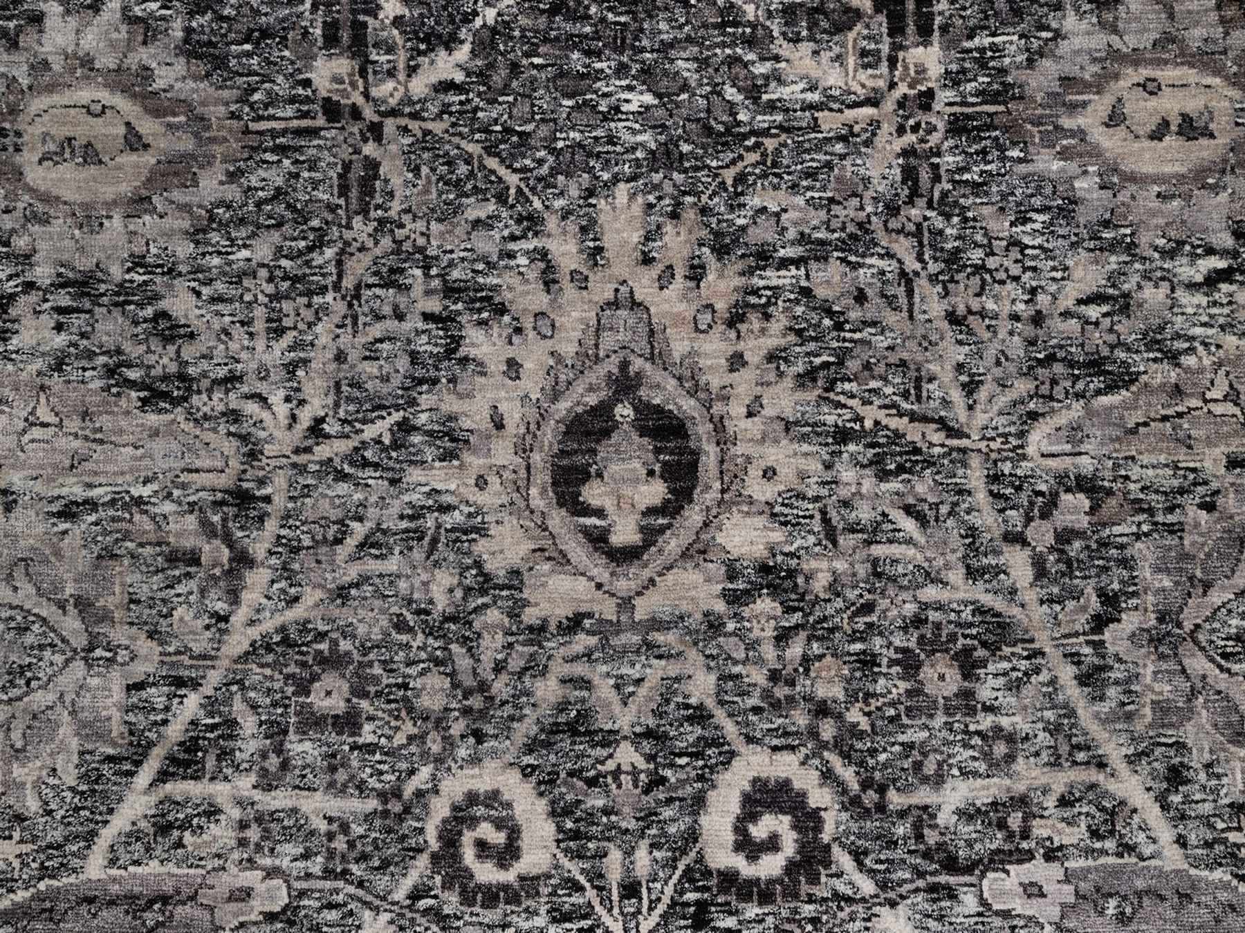 6'x6' Ebony Black, Hand Knotted, Plush and Lush, Sickle Leaf Design, Silk with Textured Wool, Borderless, Round, Oriental Rug HR92077 - Image 5