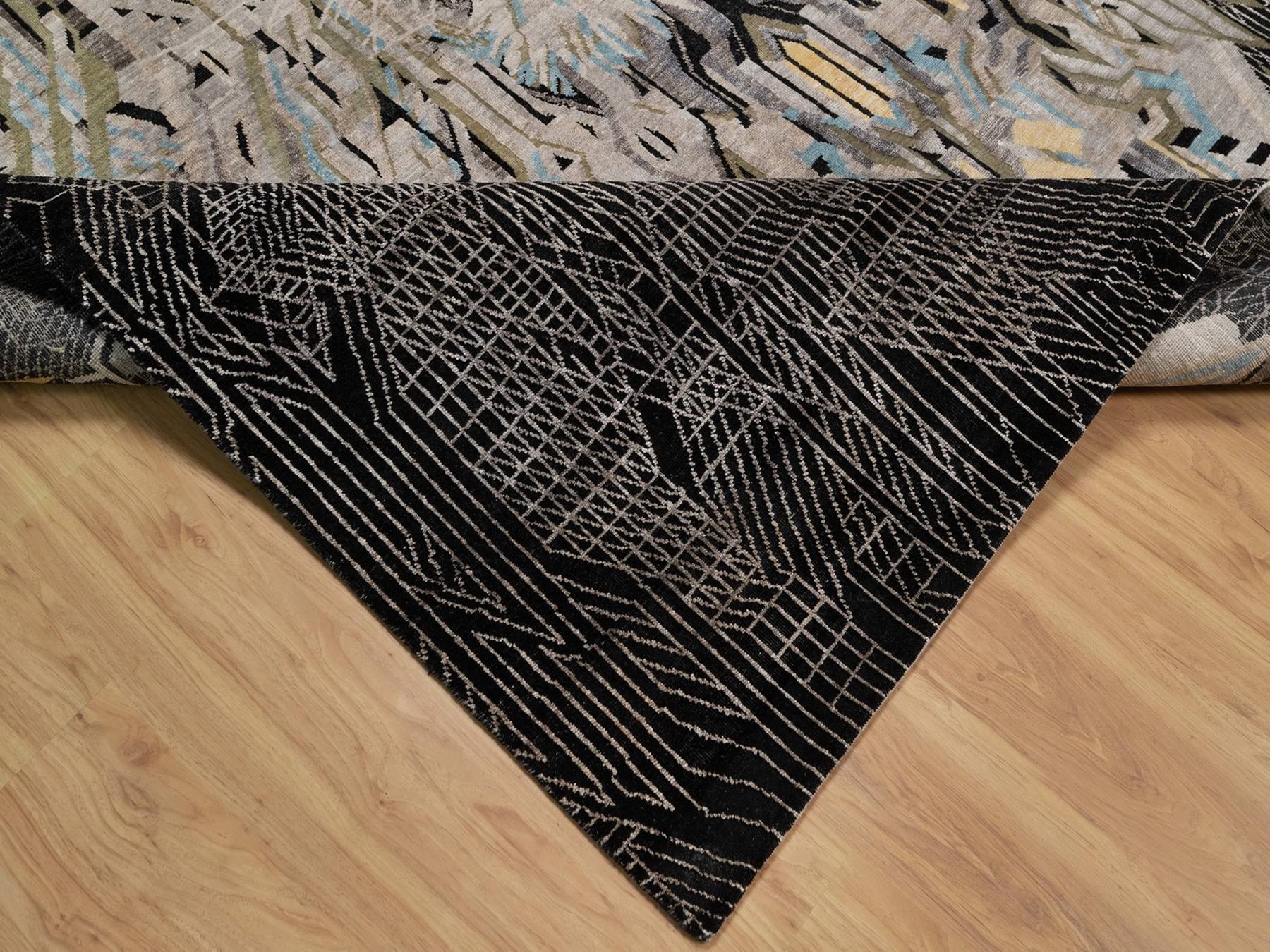 9'2"x12' Ebony Black, The Maharaja Lion Novelty, Wool and Silk, Hand Knotted, Soft Pile, Oriental Rug HR92080 - Image 6