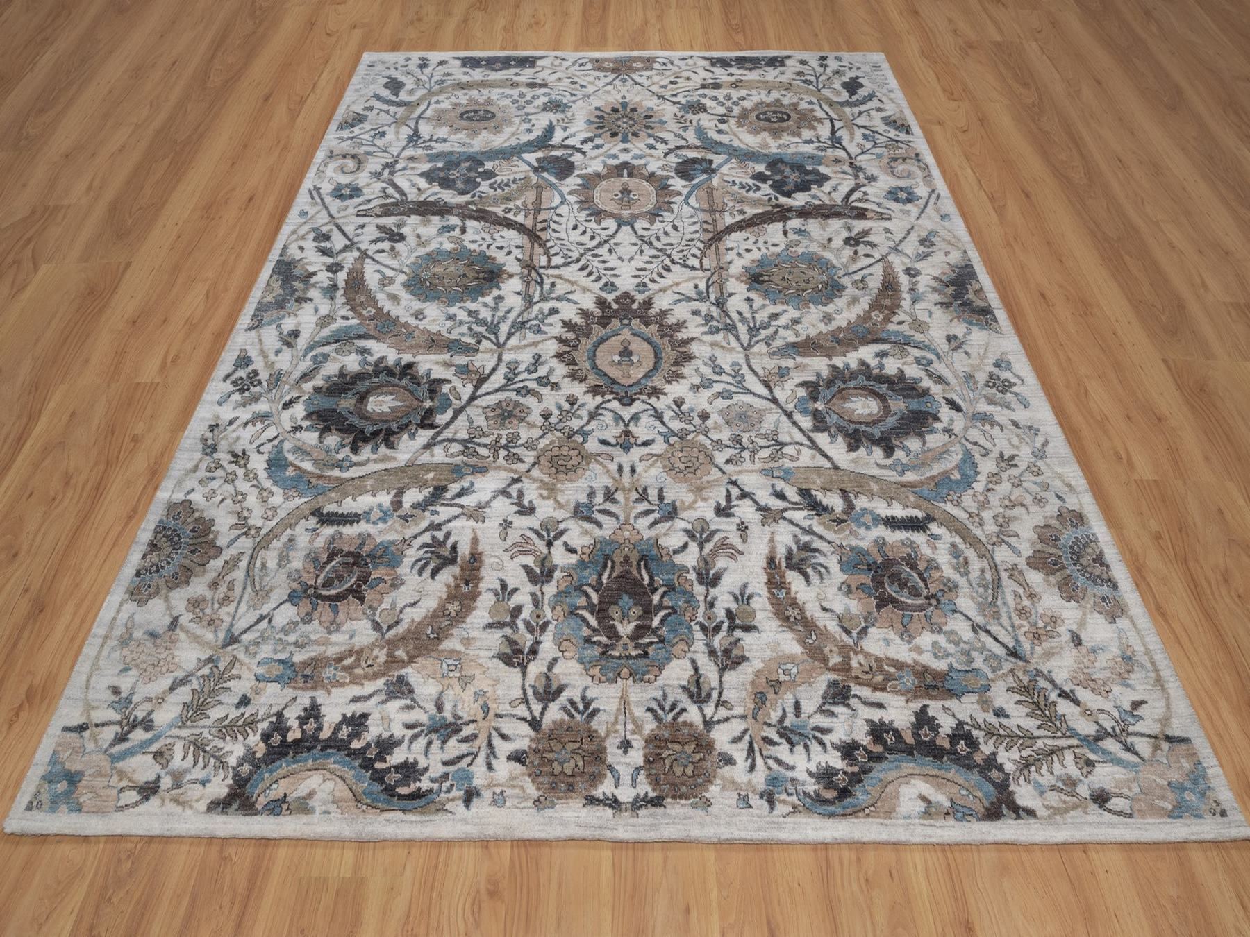 8'x10' Light Gray, Sickle Leaf Design, Silk with Textured Wool, Plush and Lush, Hand Knotted, Borderless, Oriental Rug HR92084 - Image 2