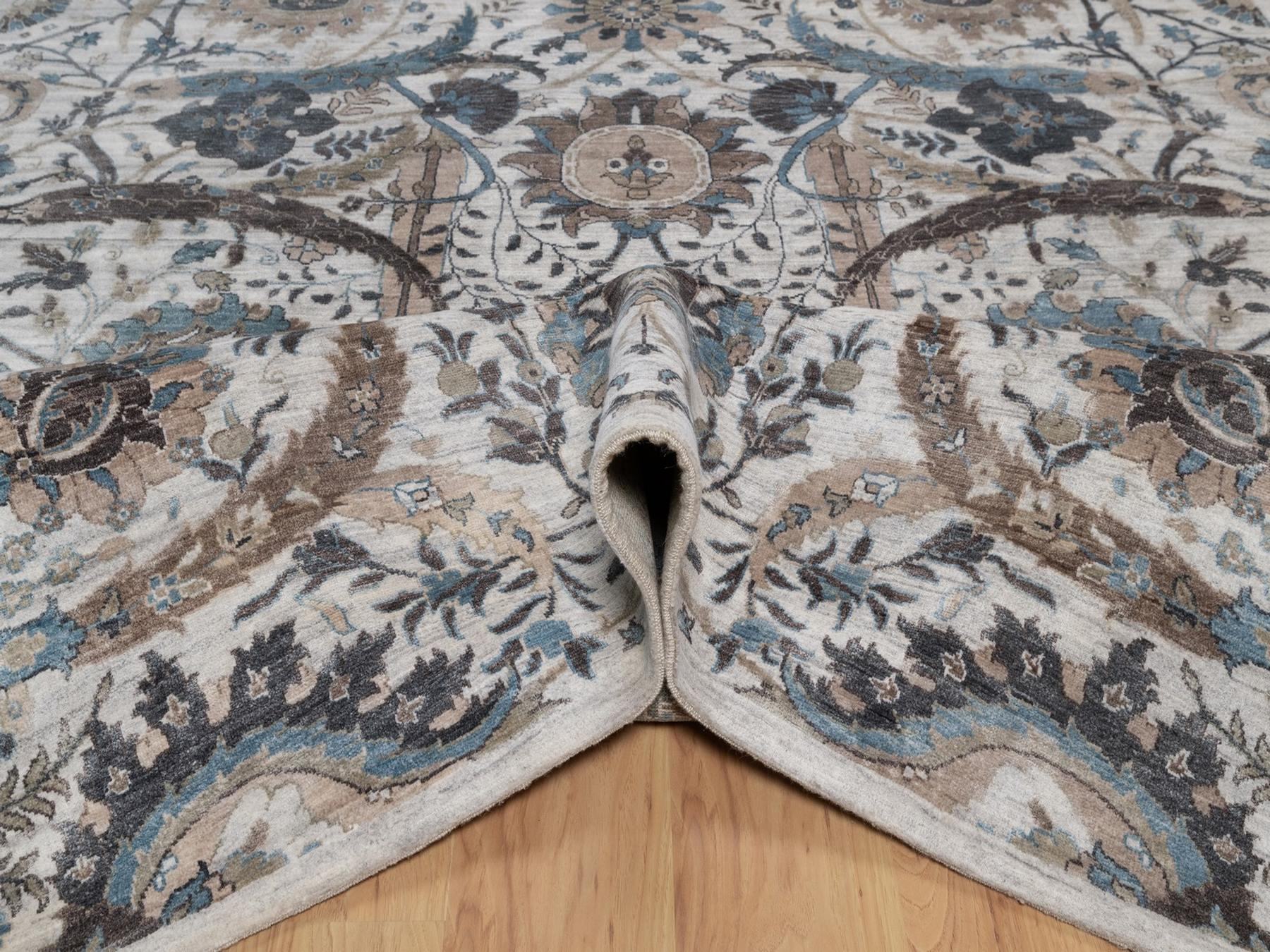 8'x10' Light Gray, Sickle Leaf Design, Silk with Textured Wool, Plush and Lush, Hand Knotted, Borderless, Oriental Rug HR92084 - Image 5