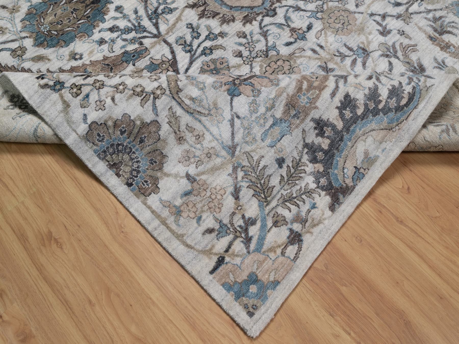 8'x10' Light Gray, Sickle Leaf Design, Silk with Textured Wool, Plush and Lush, Hand Knotted, Borderless, Oriental Rug HR92084 - Image 6