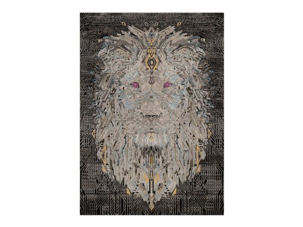 5'1"x7'1" Onyx Black with Brown, The Maharaja Lion Novelty, Soft Pile, Wool and Silk, Hand Knotted, Oriental Rug HR92086