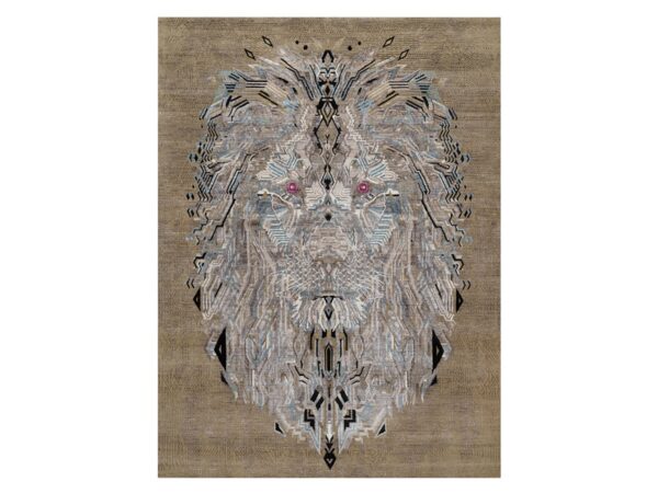 9'1"x12'3" Almond Brown, The Maharaja Lion Novelty, Wool and Silk, Hand Knotted, Soft Pile, Oriental Rug HR92090