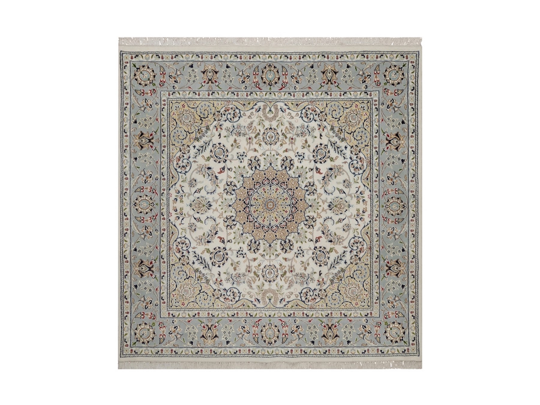 6'x6' Pearl White, 250 KPSI, Soft Pile, Nain with Flower Medallion Design, Wool and Silk, Hand Knotted, Square, Oriental Rug HR92094