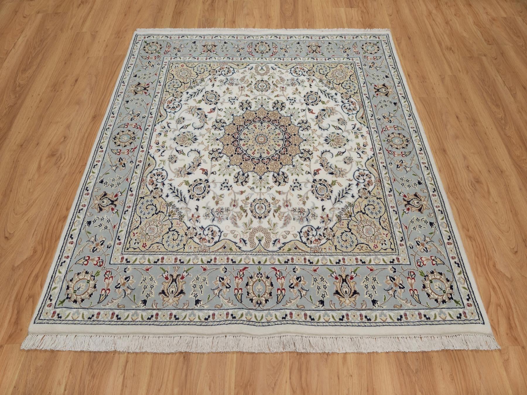 6'x6' Pearl White, 250 KPSI, Soft Pile, Nain with Flower Medallion Design, Wool and Silk, Hand Knotted, Square, Oriental Rug HR92094 - Image 2