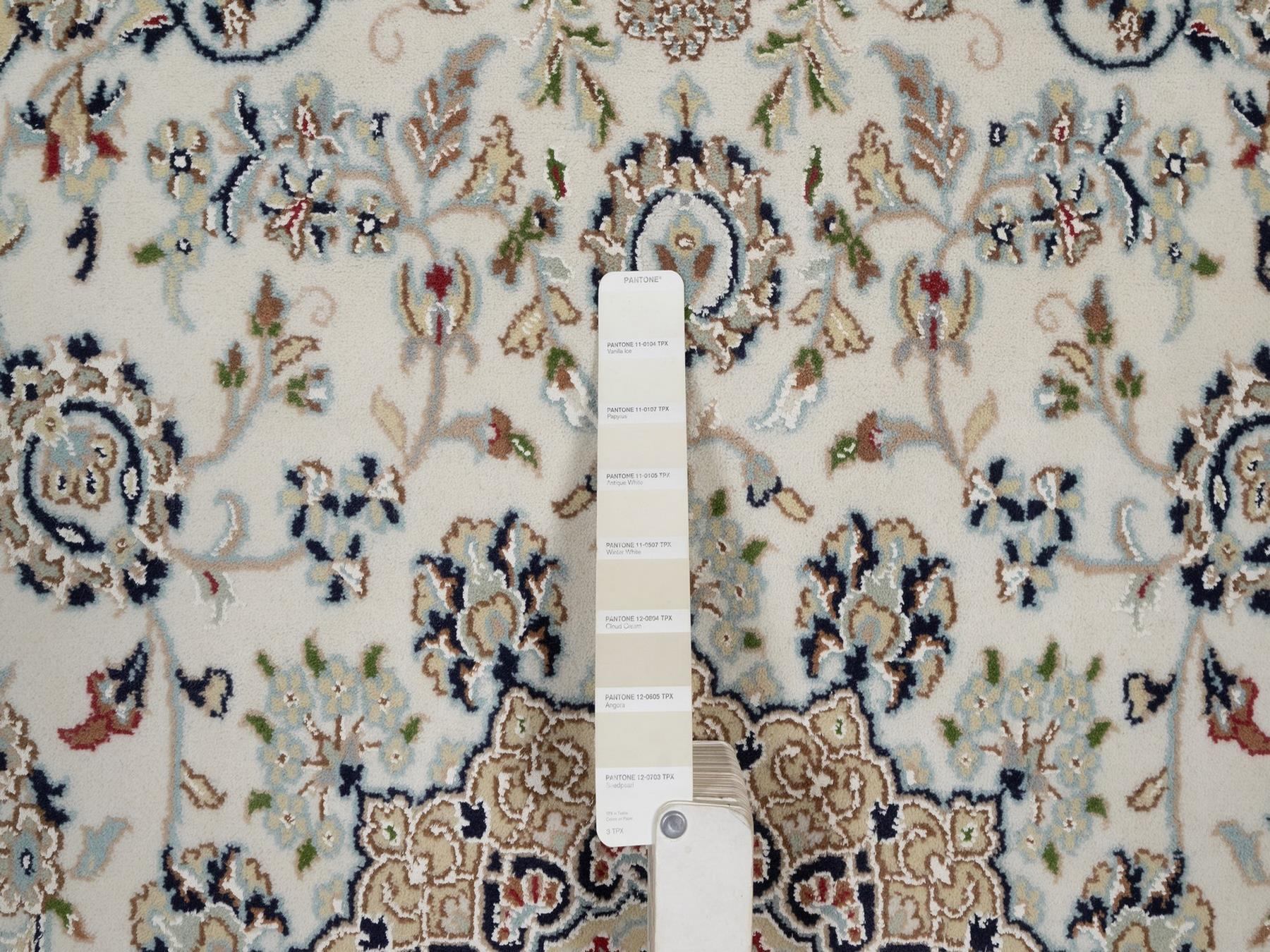 6'x6' Pearl White, 250 KPSI, Soft Pile, Nain with Flower Medallion Design, Wool and Silk, Hand Knotted, Square, Oriental Rug HR92094 - Image 4