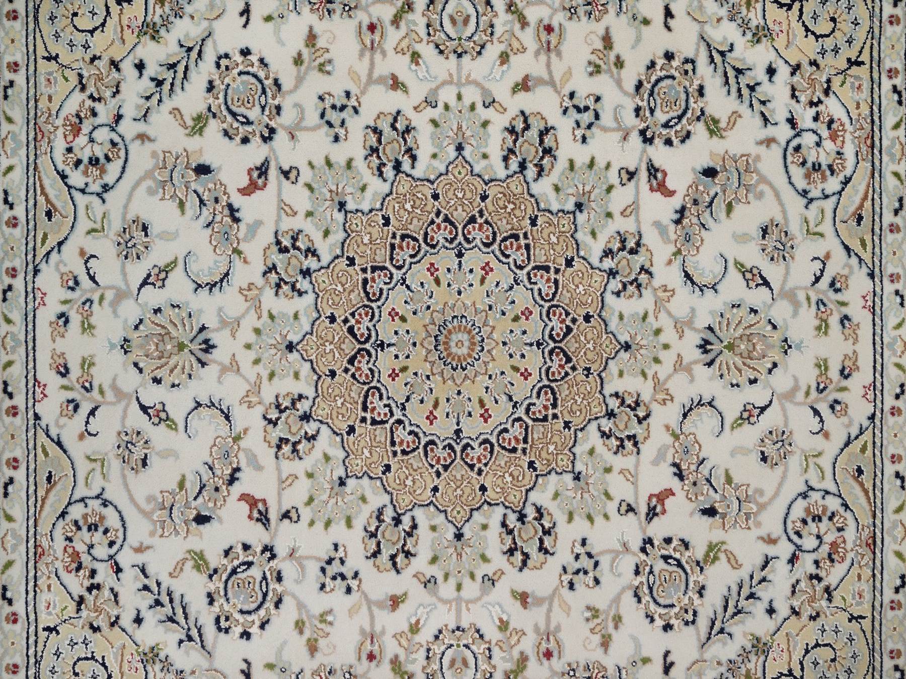 6'x6' Pearl White, 250 KPSI, Soft Pile, Nain with Flower Medallion Design, Wool and Silk, Hand Knotted, Square, Oriental Rug HR92094 - Image 5