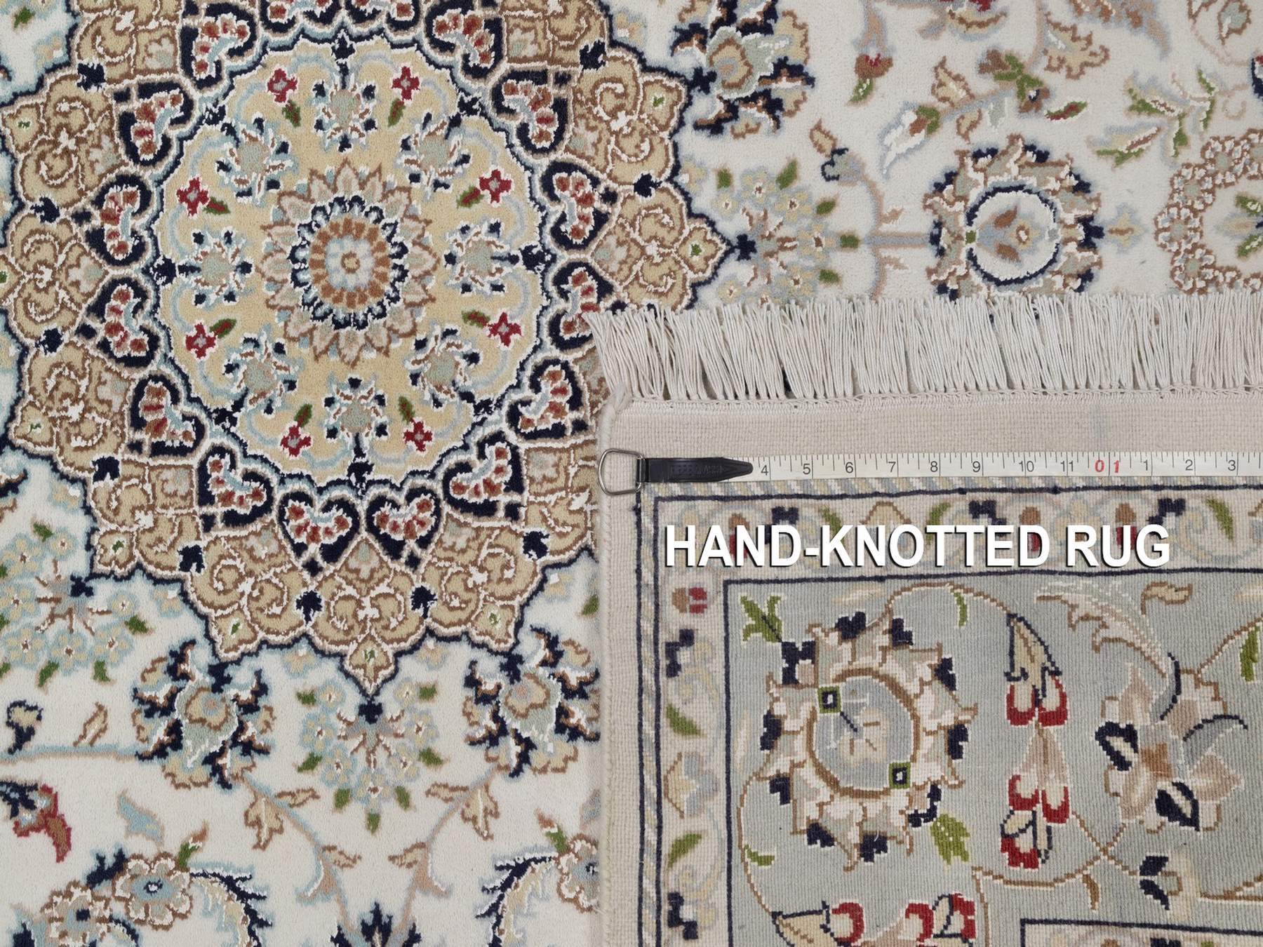 6'x6' Pearl White, 250 KPSI, Soft Pile, Nain with Flower Medallion Design, Wool and Silk, Hand Knotted, Square, Oriental Rug HR92094 - Image 8