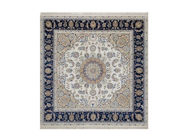 6'x6' Pristine White, Nain with Flower Medallion Design, 250 KPSI, Soft Pile, Wool and Silk, Hand Knotted, Square, Oriental Rug HR92099