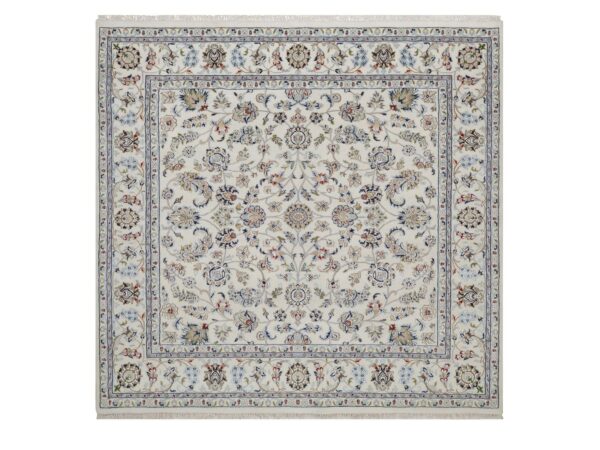 6'10"x6'10" Pearl White, Nain with All Over Design, 250 KPSI, Soft Pile, Wool and Silk, Hand Knotted, Square, Oriental Rug HR92105