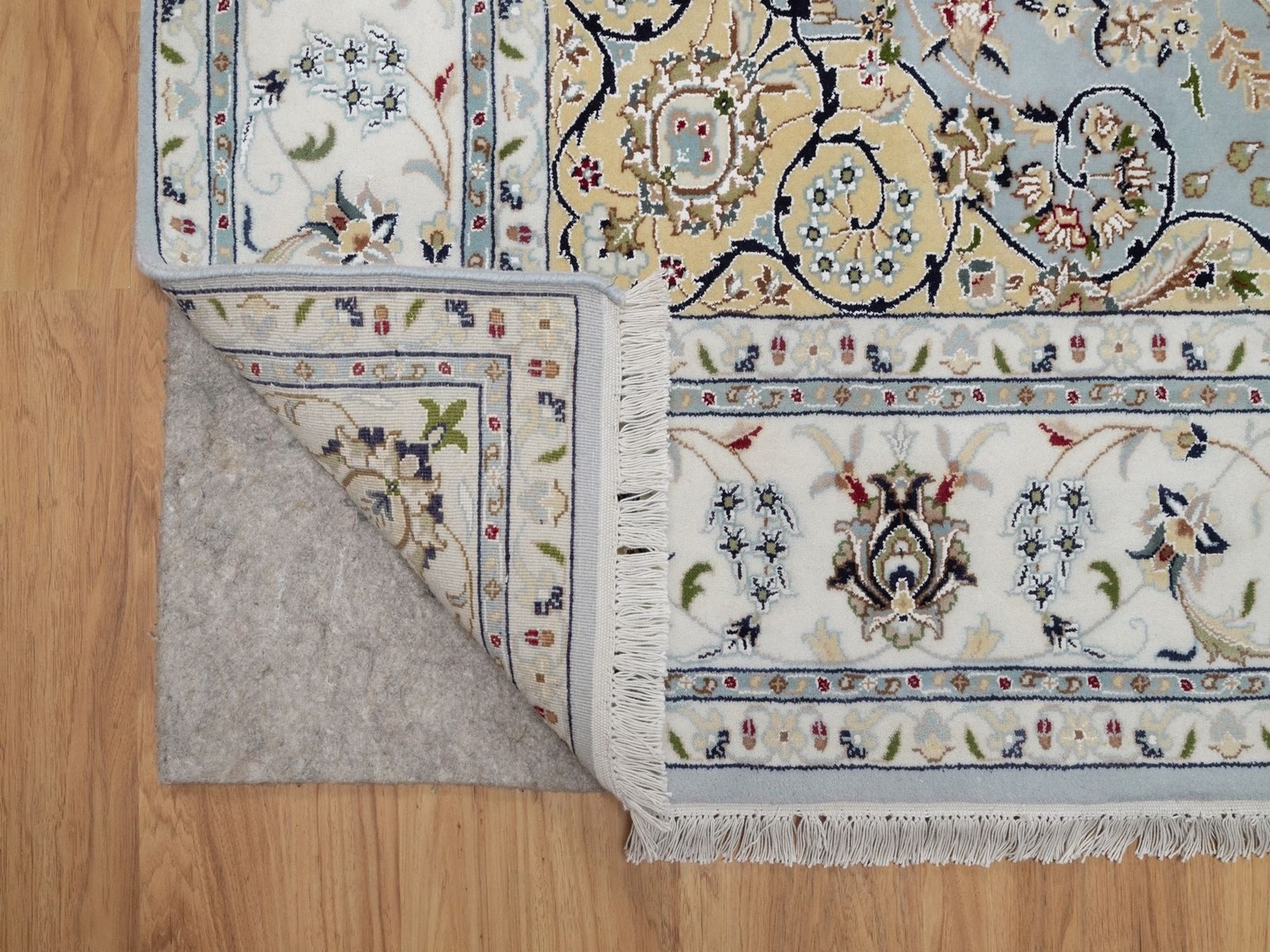 6'9"x6'9" Light Blue, Wool and Silk, 250 KPSI, Soft Pile, Nain with Flower Medallion Design, Hand Knotted, Square, Oriental Rug HR92117 - Image 3