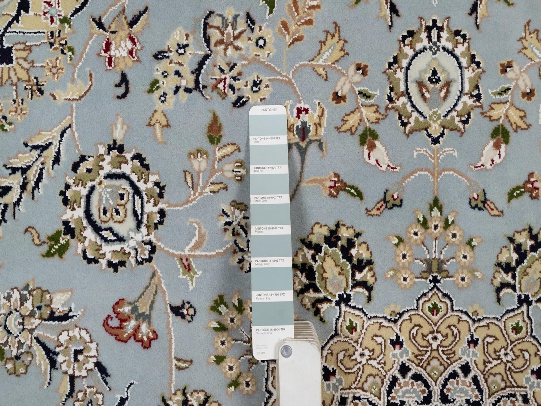 6'9"x6'9" Light Blue, Wool and Silk, 250 KPSI, Soft Pile, Nain with Flower Medallion Design, Hand Knotted, Square, Oriental Rug HR92117 - Image 4