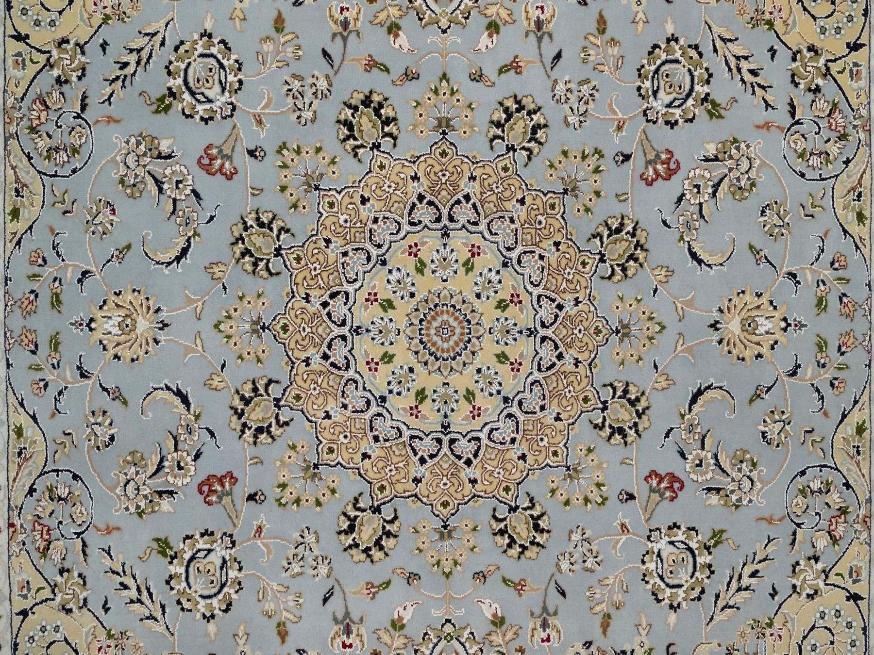 6'9"x6'9" Light Blue, Wool and Silk, 250 KPSI, Soft Pile, Nain with Flower Medallion Design, Hand Knotted, Square, Oriental Rug HR92117 - Image 5