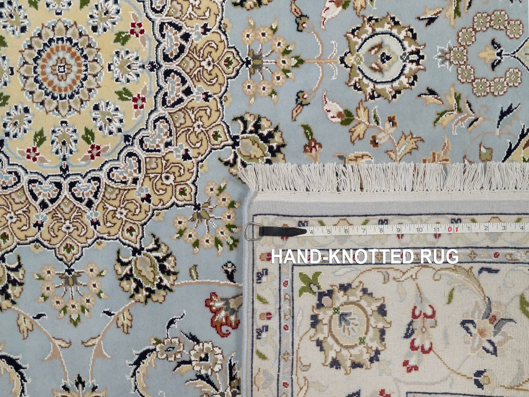 6'9"x6'9" Light Blue, Wool and Silk, 250 KPSI, Soft Pile, Nain with Flower Medallion Design, Hand Knotted, Square, Oriental Rug HR92117 - Image 8