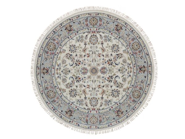 4'2"x4'2" Rice White, Nain with All Over Design, 250 KPSI, Soft Pile, Wool and Silk, Hand Knotted, Round, Oriental Rug HR92118