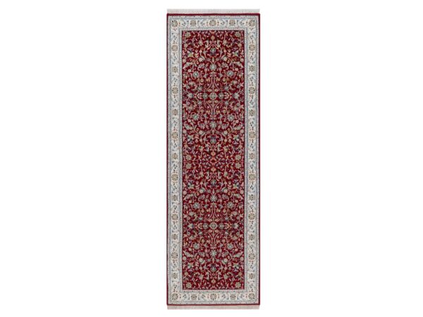2'7"x8'3" Berry Red, Nain with All Over Design, Soft Pile, Wool and Silk, 250 KPSI, Hand Knotted, Runner, Oriental Rug HR92119
