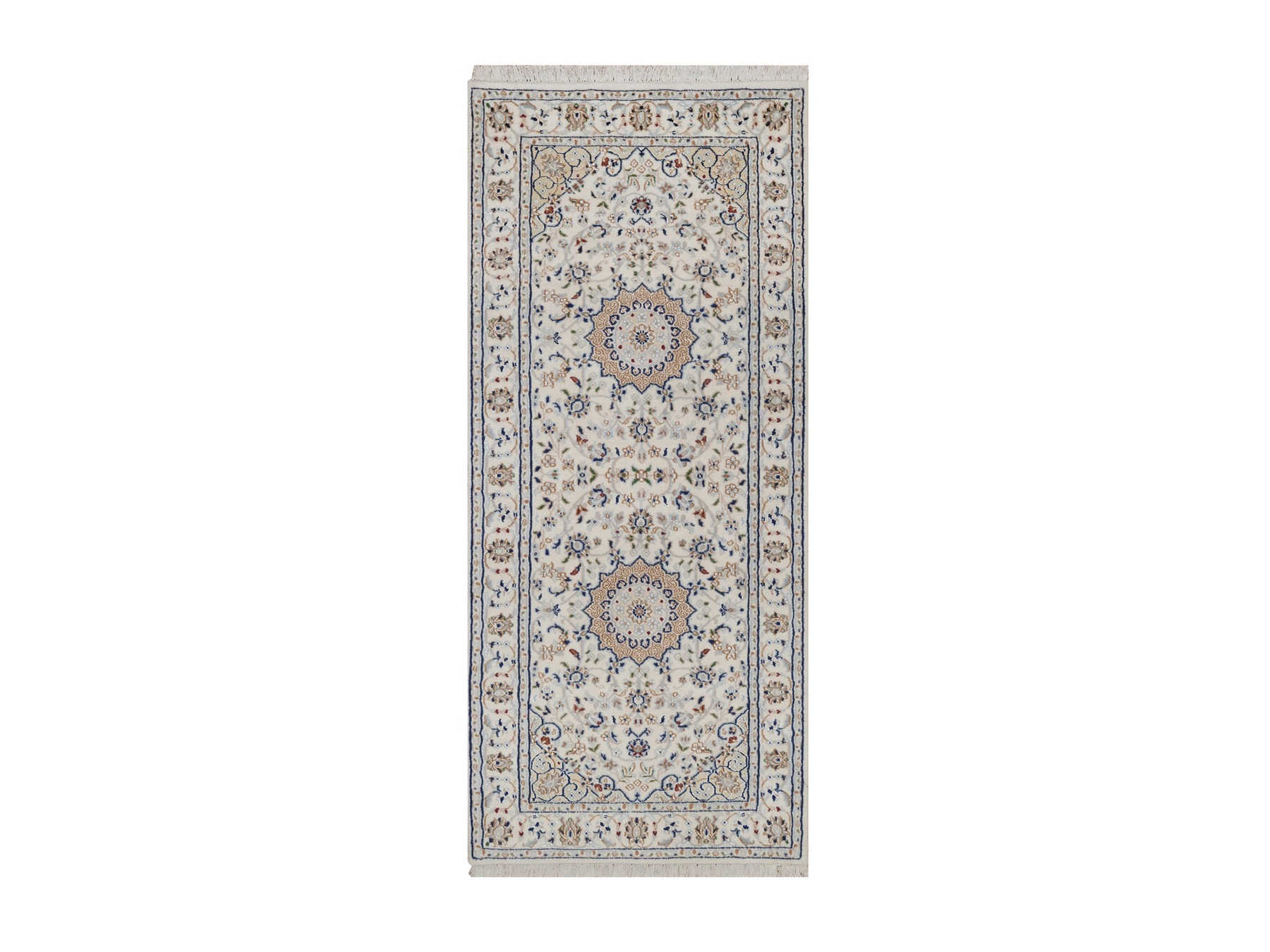 2'8"x6'2" Pearl White, Wool and Silk, 250 KPSI, Nain with Flower Medallion Design, Hand Knotted, Soft Pile, Runner, Oriental Rug HR92122
