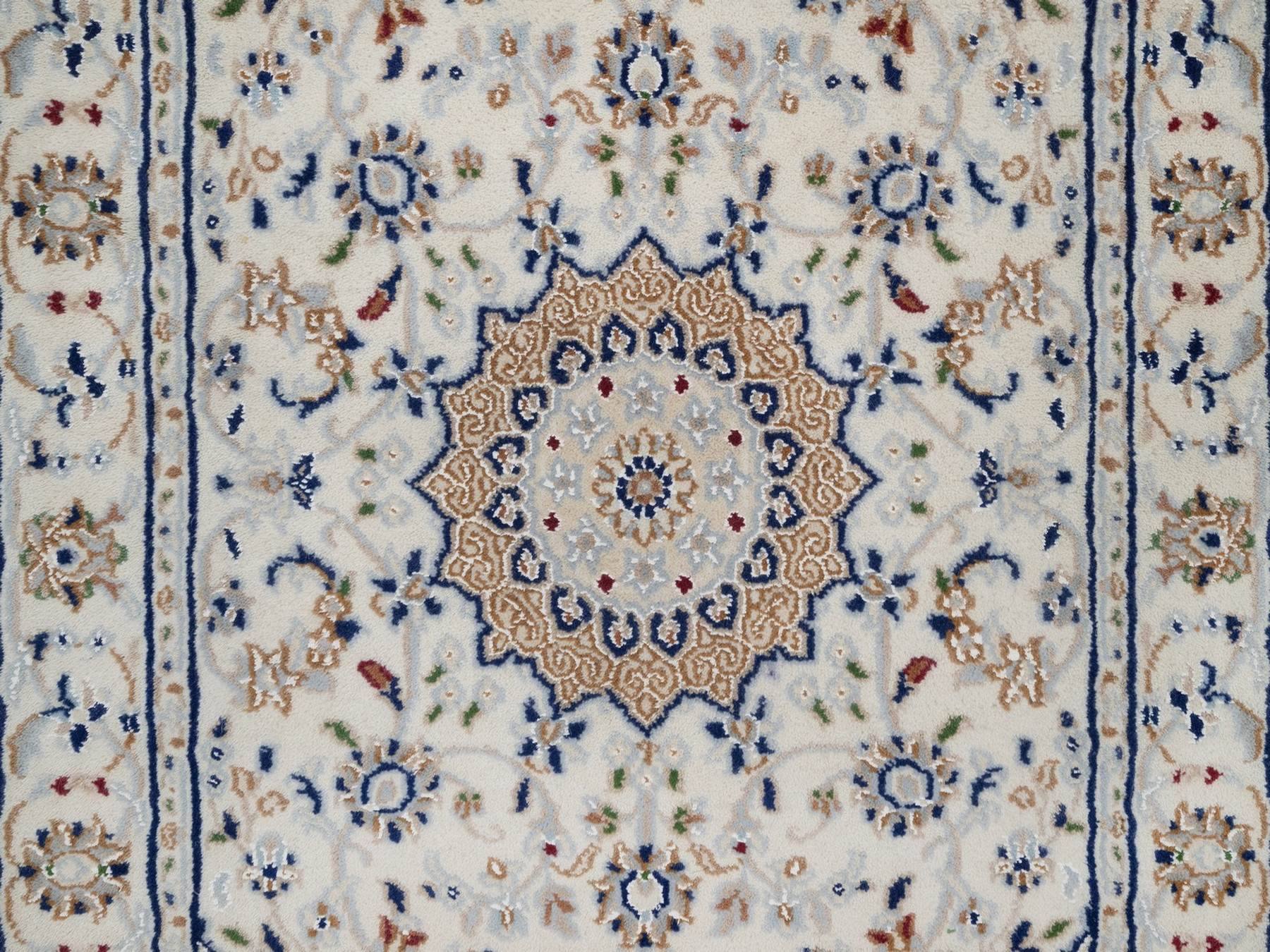 2'8"x6'2" Pearl White, Wool and Silk, 250 KPSI, Nain with Flower Medallion Design, Hand Knotted, Soft Pile, Runner, Oriental Rug HR92122 - Image 5