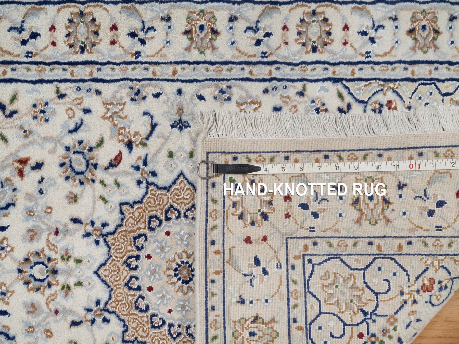 2'8"x6'2" Pearl White, Wool and Silk, 250 KPSI, Nain with Flower Medallion Design, Hand Knotted, Soft Pile, Runner, Oriental Rug HR92122 - Image 8