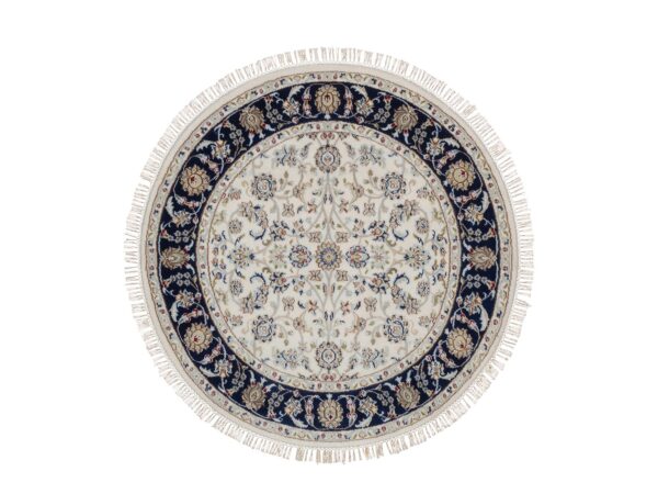 4'x4' Cotton White, Hand Knotted, 250 KPSI, Soft Pile, Nain with All Over Design, Wool and Silk, Round, Oriental Rug HR92126