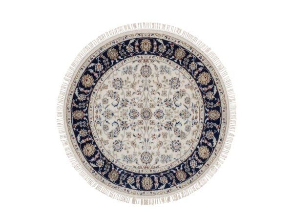 4'1"x4'1" Pearl White, 250 KPSI, Soft Pile, Wool and Silk, Nain with All Over Design, Hand Knotted, Round, Oriental Rug HR92127