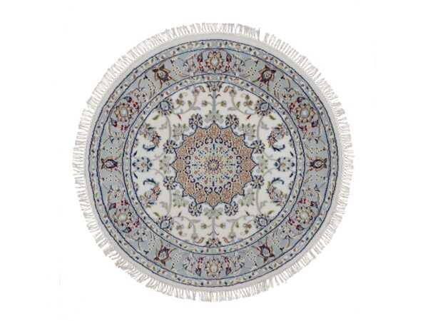 3'3"x3'3" Daisy White, Nain with Flower Medallion Design, Hand Knotted, 250 KPSI, Soft Pile, Wool and Silk, Round, Oriental Rug HR92131