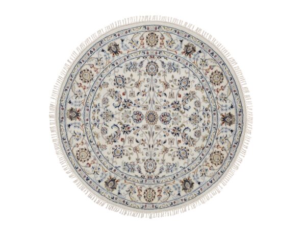4'1"x4'1" Alabaster White, Nain with All Over Design, 250 KPSI, Soft Pile, Wool and Silk, Hand Knotted, Round, Oriental Rug HR92132