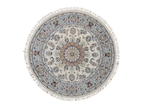 4'2"x4'2" Salt White, 250 KPSI, Nain with Flower Medallion Design, Soft Pile, Wool and Silk, Hand Knotted, Round, Oriental Rug HR92135