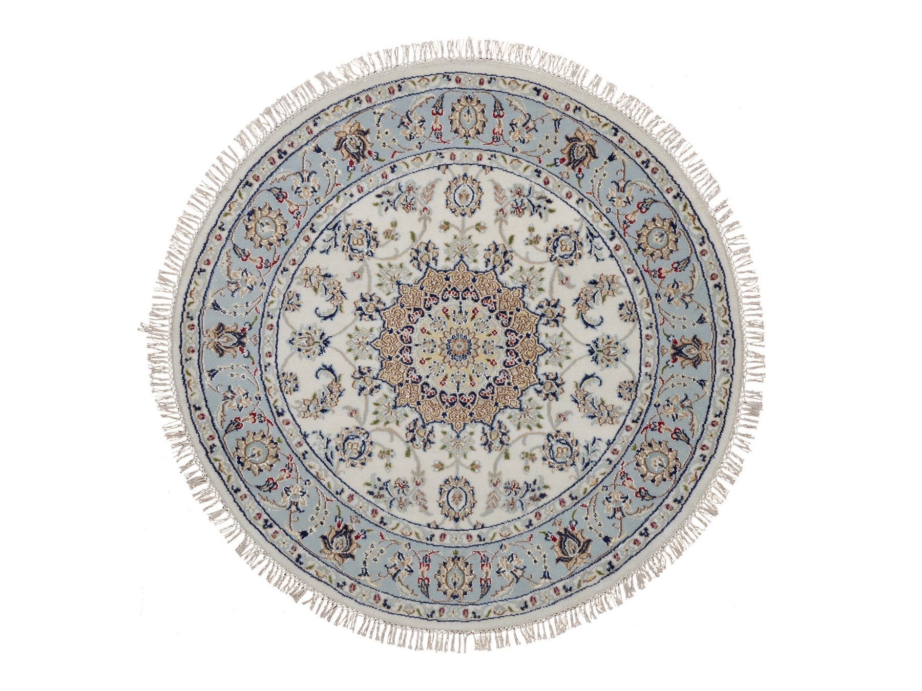 4'2"x4'2" Pearl White, Wool and Silk, 250 KPSI, Nain with Flower Medallion Design, Hand Knotted, Soft Pile, Round, Oriental Rug HR92136
