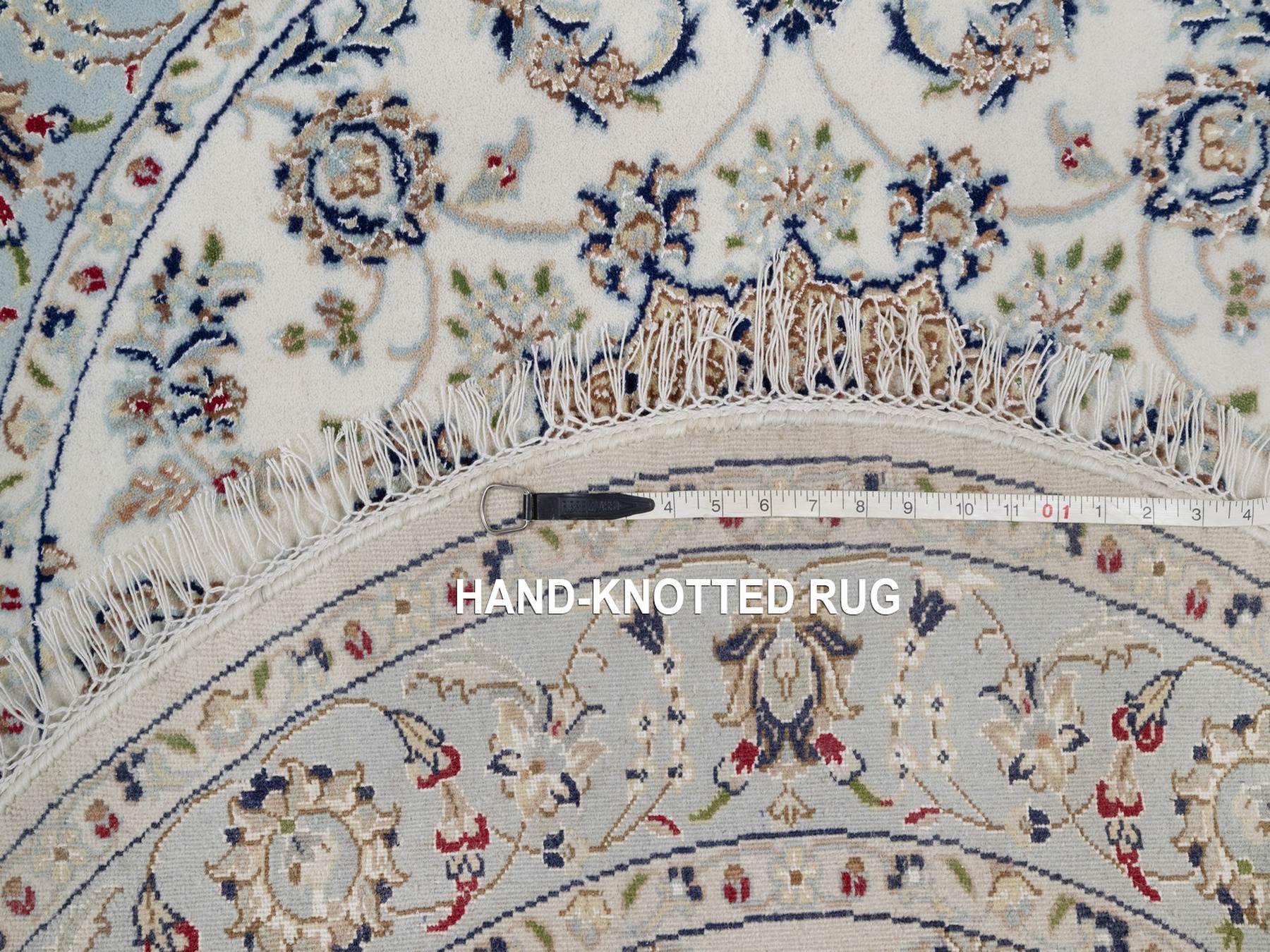 4'2"x4'2" Pearl White, Wool and Silk, 250 KPSI, Nain with Flower Medallion Design, Hand Knotted, Soft Pile, Round, Oriental Rug HR92136 - Image 8